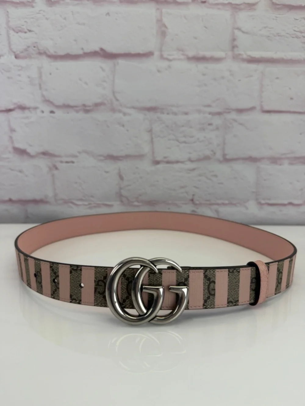Gucci Pink Striped GG Logo Buckle Belt Marmont 625839 85/34